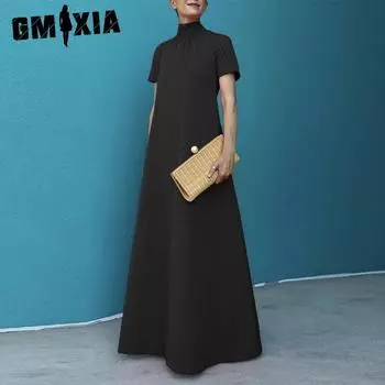 GMXIA женская мода лето весна однотонный принт с коротким рукавом v-образным вырезом и высоким воротом повседневные платья S чёрный