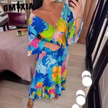 GMXIA женская мода лето весна однотонный принт с коротким рукавом и v-образным вырезом свободные повседневные платья S чёрный