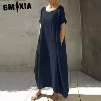 GMXIA Женская мода лето весна однотонный принт с коротким рукавом и круглым вырезом повседневные платья