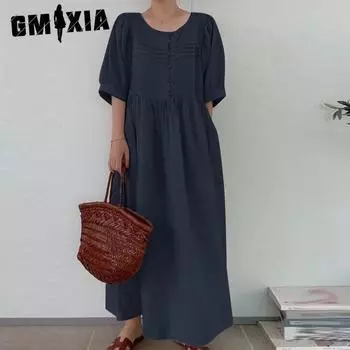 GMXIA Женская мода лето весна однотонный принт с коротким рукавом и круглым вырезом повседневные платья