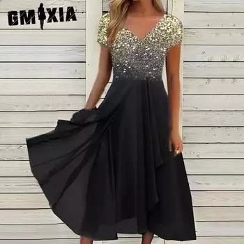 GMXIA женская мода лето весна однотонный принт с коротким рукавом и v-образным вырезом повседневное шифоновое лоскутное платье для женщин тонкие платья