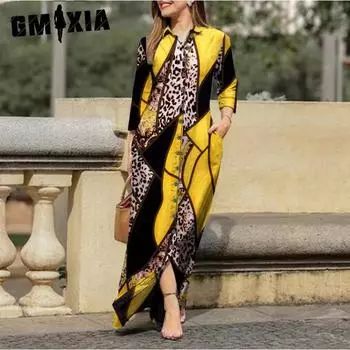 GMXIA женская мода лето весна однотонный принт с длинным рукавом поло шеи свободные повседневные платья на пуговицах S