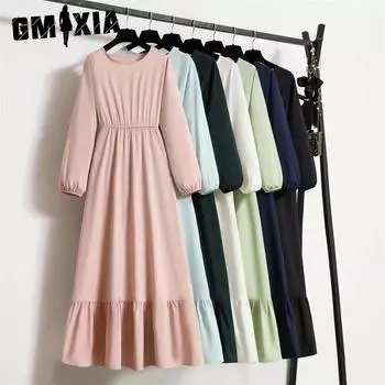GMXIA женская мода лето весна однотонный принт с длинным рукавом и круглым вырезом с высокой талией повседневные платья S розовый