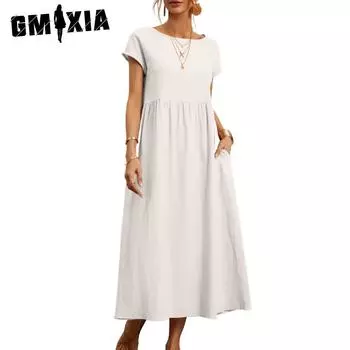 GMXIA Женская мода лето весна однотонный принт с коротким рукавом и круглым вырезом повседневные платья S красный