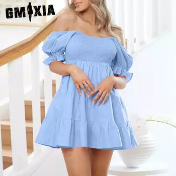 GMXIA Женская мода лето весна однотонный принт с коротким рукавом U-образным вырезом повседневные платья S синий