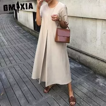 GMXIA Женская мода лето весна однотонный принт с коротким рукавом и круглым вырезом повседневные платья