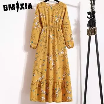 GMXIA женская мода лето весна однотонный принт с длинным рукавом и круглым вырезом с высокой талией повседневные шифоновые платья с цветочным принтом