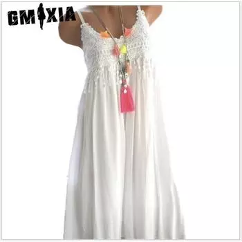 GMXIA Женская мода лето весна однотонный принт без рукавов подтяжки высокая талия повседневные платья XS белый