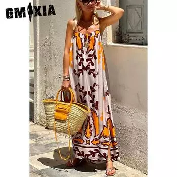 GMXIA Женская мода лето весна однотонный принт без рукавов подтяжки высокая талия повседневные платья S