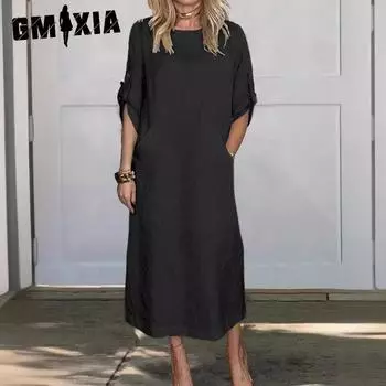 GMXIA Женская мода лето весна однотонный принт рукава 3/4 О-образный вырез высокая талия повседневные платья S чёрный