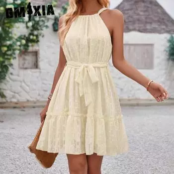 GMXIA Женская мода лето весна однотонный принт без рукавов халтер высокая талия повседневные платья S абрикосовый