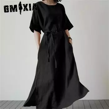 GMXIA Женская мода лето весна однотонный принт с коротким рукавом и круглым вырезом повседневные платья S жёлтый