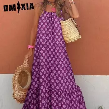 GMXIA Женская мода лето весна однотонный принт подтяжки без рукавов повседневные платья S