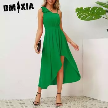 GMXIA Женская мода лето весна однотонный принт без рукавов подтяжки повседневные платья S зелёный
