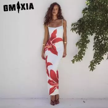 GMXIA Женская мода лето весна однотонный принт без рукавов подтяжки повседневные платья S белый