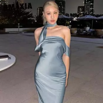 GMXIA Женская мода лето весна однотонный принт одно плечо без рукавов повседневные платья S синий