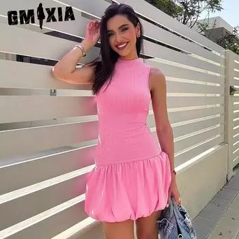 GMXIA Женская мода лето весна однотонный принт О-образный вырез без рукавов повседневные платья S белый