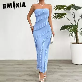 GMXIA Женская мода лето весна однотонный принт без рукавов одно плечо высокая талия повседневные платья S синий