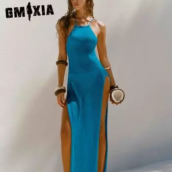 GMXIA Женская мода лето весна однотонный принт без рукавов подтяжки высокая талия повседневные платья S бежевый