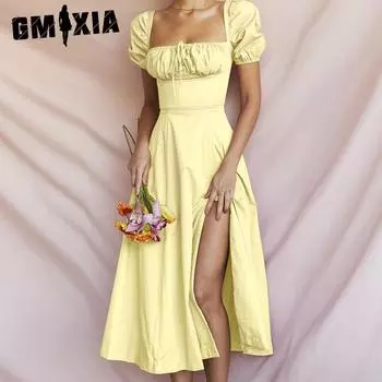 GMXIA Женская мода лето весна однотонный принт короткий рукав одно плечо высокая талия повседневные платья S белый