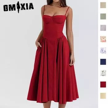 GMXIA Женская мода лето весна однотонный принт без рукавов подтяжки высокая талия повседневные платья S абрикосовый