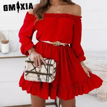 GMXIA Женская мода лето весна однотонный принт длинный рукав одно плечо высокая талия повседневные платья S белый