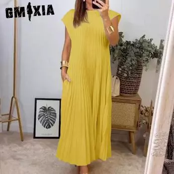 GMXIA Женская мода лето весна однотонный принт короткий рукав О-образный вырез высокая талия повседневные плиссированные длинные платья S бежевый