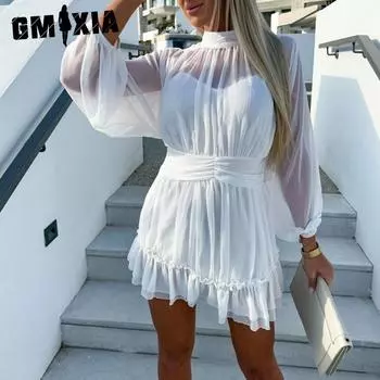 GMXIA женская мода лето весна однотонный принт с длинным рукавом и круглым вырезом с высокой талией повседневные платья S чёрный