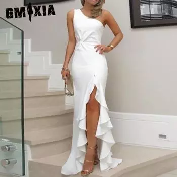 GMXIA Женская мода лето весна однотонный принт без рукавов одно плечо высокая талия повседневные платья S белый