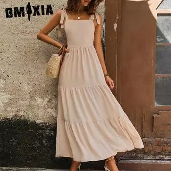 GMXIA Женская мода лето весна однотонный принт без рукавов подтяжки высокая талия повседневные платья S абрикосовый