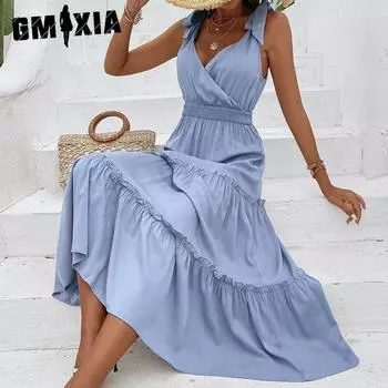 GMXIA Женская мода лето весна однотонный принт без рукавов подтяжки высокая талия повседневные платья S синий