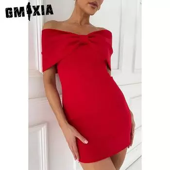 GMXIA Женская мода лето весна однотонный принт короткий рукав одно плечо высокая талия повседневные платья S красный