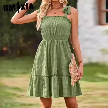 GMXIA Женская мода лето весна однотонный принт без рукавов подтяжки высокая талия повседневные платья S розовый