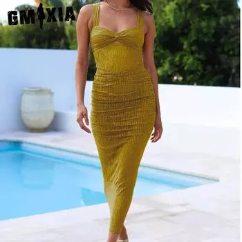 GMXIA Женская мода лето весна однотонный принт без рукавов подтяжки высокая талия повседневные платья S зелёный