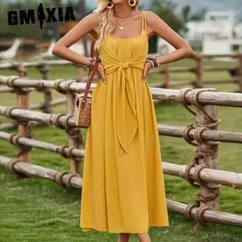 GMXIA Женская мода лето весна однотонный принт без рукавов подтяжки высокая талия повседневные платья S кирпич красный