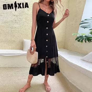 GMXIA Женская мода лето весна однотонный принт без рукавов подтяжки высокая талия повседневные платья S чёрный