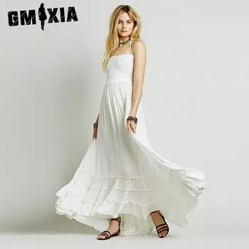 GMXIA Женская мода лето весна однотонный принт без рукавов подтяжки высокая талия повседневные платья S белый