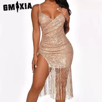 GMXIA Женская мода лето весна однотонный принт без рукавов подтяжки высокая талия повседневные платья XS шампанского