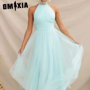 GMXIA Женская мода лето весна однотонный принт без рукавов халтер высокая талия повседневные платья S белый