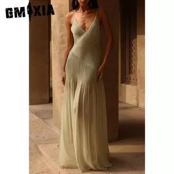 GMXIA Женская мода лето весна однотонный принт без рукавов подтяжки высокая талия повседневные платья S зелёный