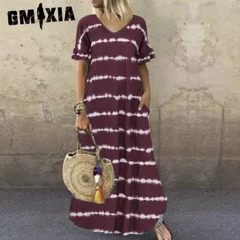 GMXIA женская мода лето весна полосатый принт с коротким рукавом и v-образным вырезом свободные повседневные платья S-5XL S красный