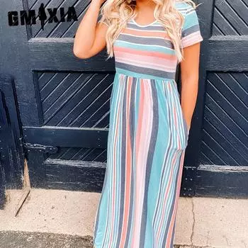 GMXIA женская мода лето весна полосатый принт с коротким рукавом U-образным вырезом с высокой талией повседневные платья S