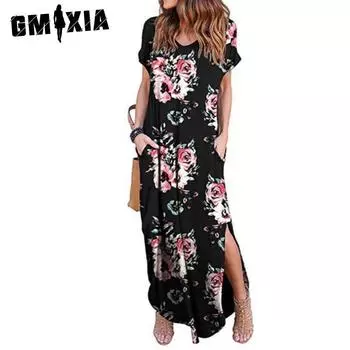 GMXIA Женская мода лето весна повседневные платья с коротким рукавом и v-образным вырезом S-5XL