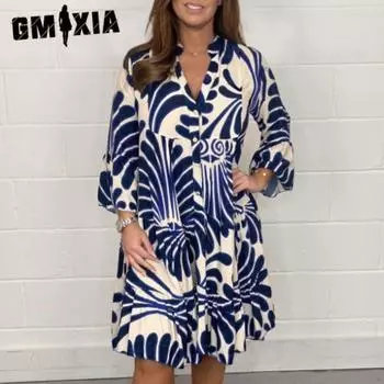 GMXIA Женская мода лето весна повседневные платья с длинным рукавом и v-образным вырезом S синий