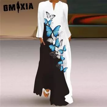 GMXIA Женская мода лето весна повседневные платья с длинным рукавом и v-образным вырезом S