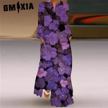 GMXIA Женская мода лето весна повседневные платья с длинным рукавом и v-образным вырезом S