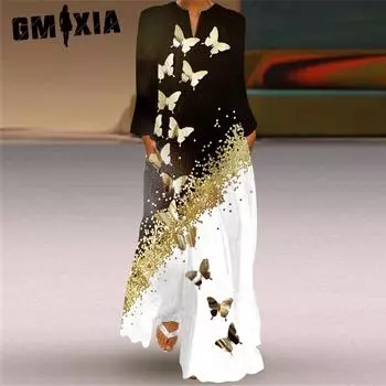 GMXIA Женская мода лето весна повседневные платья с длинным рукавом и v-образным вырезом S