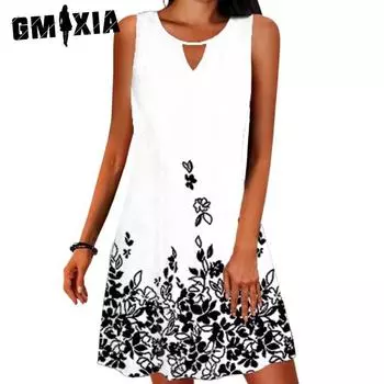 GMXIA Женская мода лето весна повседневные платья без рукавов с цветочным принтом S белый