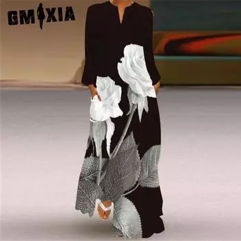 GMXIA Женская мода лето весна повседневные платья с длинным рукавом и v-образным вырезом