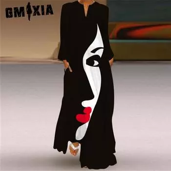 GMXIA Женская мода лето весна повседневные платья с длинным рукавом и v-образным вырезом